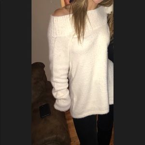 Lou & grey fuzzy off the shoulder cream sweater